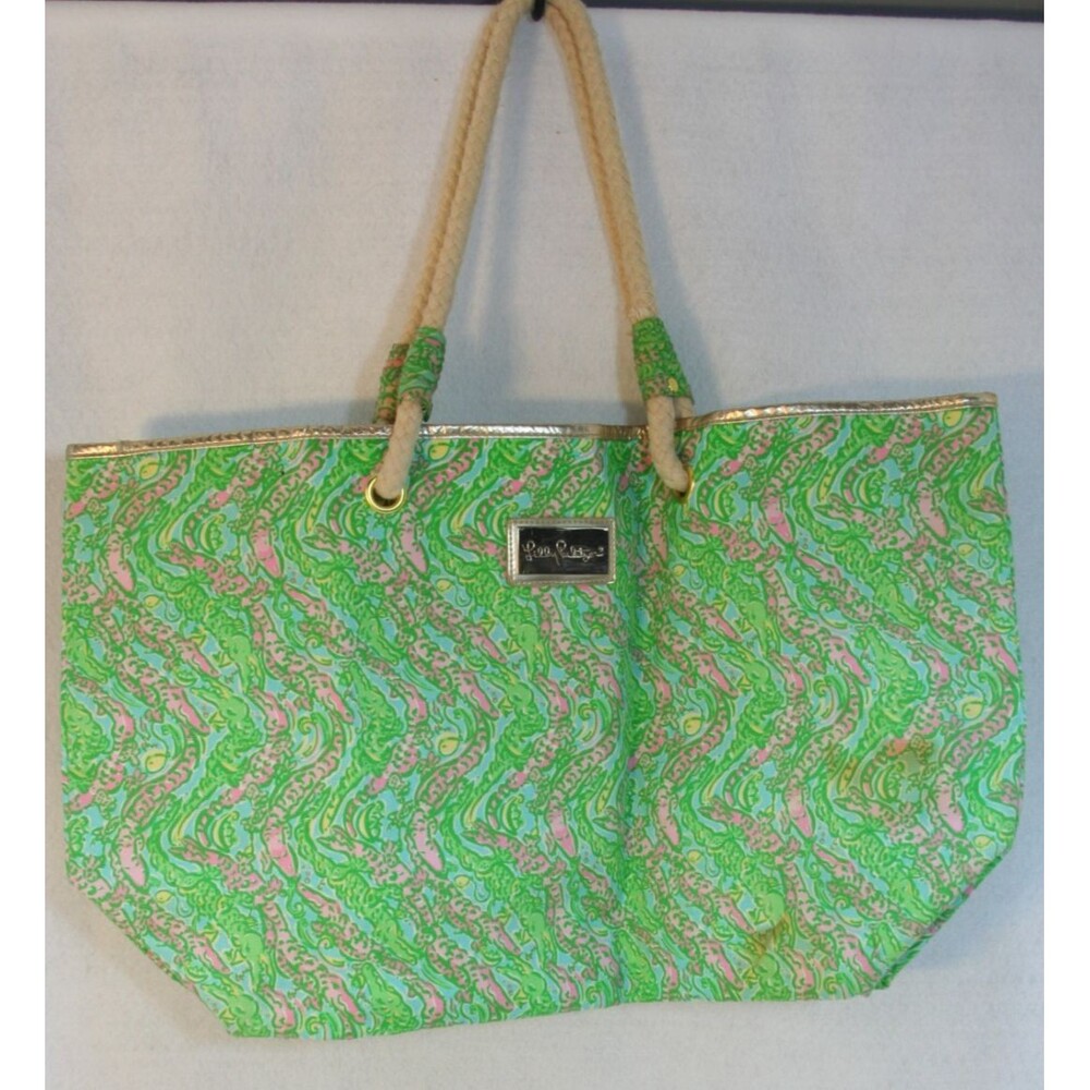 Lilly Pulitzer Womens Chomp Chomp Shoreline Tote Bag Alligator Print Pink Green